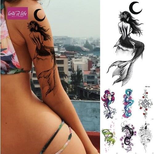 Waterproof Temporary Tattoo Sticker Moon Sea Mermaid Flash Tattoos Flowers Skull Dragon Body Art Arm Fake Tatoo Women Men