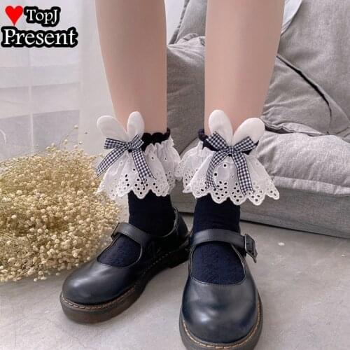 Japanese Women Kawaii Socks Lolita Girl Socks Bowknot Cotton Bunny Ears lace JK Girl Calf Frilly Sweet Lolita cosplay socks