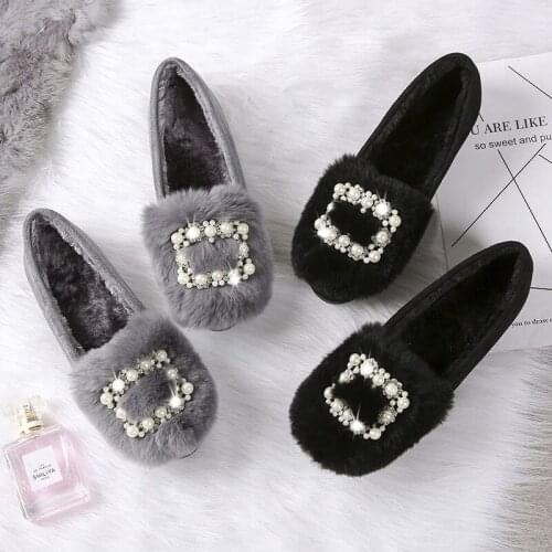 Luxury pearl square buckle fur flats women round toe crystal beading moccasins soft rabbit fur loafers big size 43 winter shoes 559