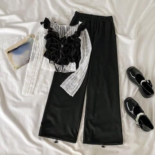 2021 Autumn Design Y2k Crop Tops Women Korea Fashion Bangage Black Vest+ Long Sleeve Thin Blouse 2 Piece Set Vintage Casual Suit