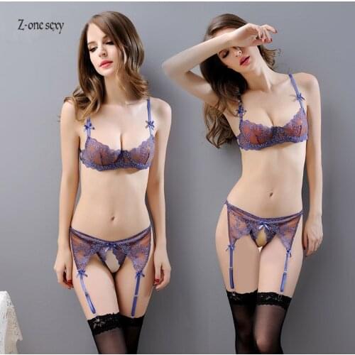 New European and American womens erotic underwear with steel ring sexy embroidery garter erotic lingerie set