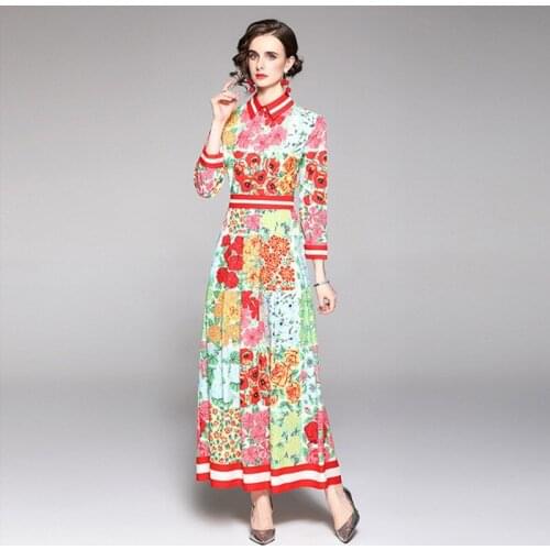 Runway Designer 2021 Autumn Holiday Maxi Dress Womens Single-Breasted Vintage Floral Print Elegant Pleated Long Shirt Dresses