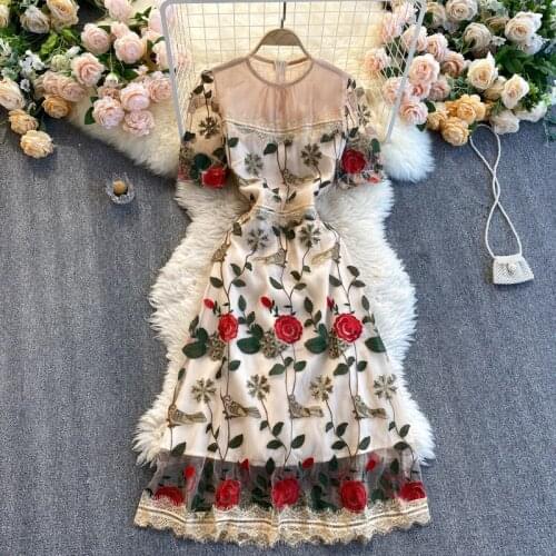 Women Dress Summer Short Sleeve A-line Female Long Dress Rose Embroidery Pattern Lace Dress Girl Dress S-XXL