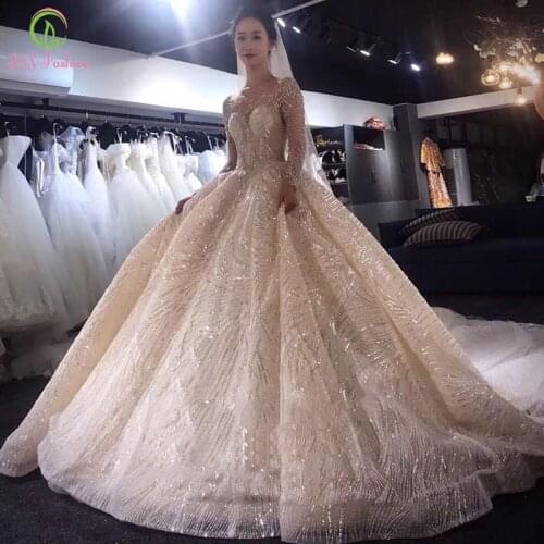 SSYFashion New Wedding Dress Luxury Long Sleeve Court Train Sequins Beading Light Champagne Wedding Ball Gowns Vestido De Novia