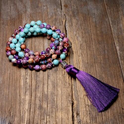 Knotted 108 Mala Necklace For Women Japamala Meditation Healing Buddhist 8 MM Natural Turquoise Purple Tassel Jewelry