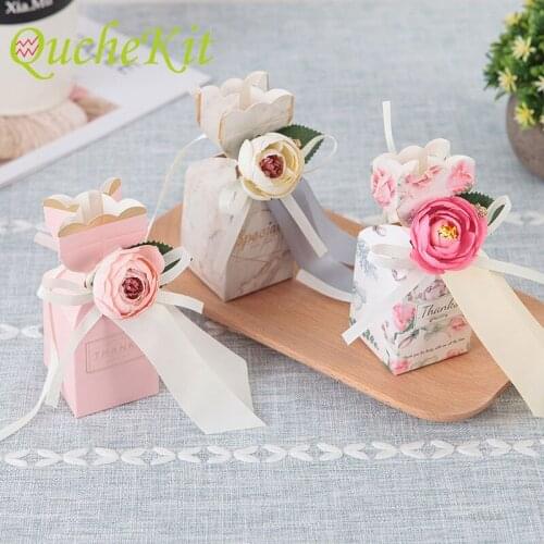 20/50pcs Pink Paperboard Gift Box Wedding Favor Sweet Candy Packaging Bags With Flower Ribbon Christmas Wedding Party Decoration
