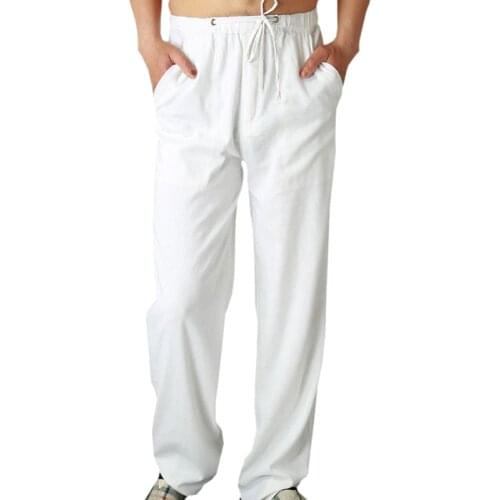 Mens Summer Casual Pants Natural Cotton Linen Trousers White Linen Elastic Waist Straight Pants Y027