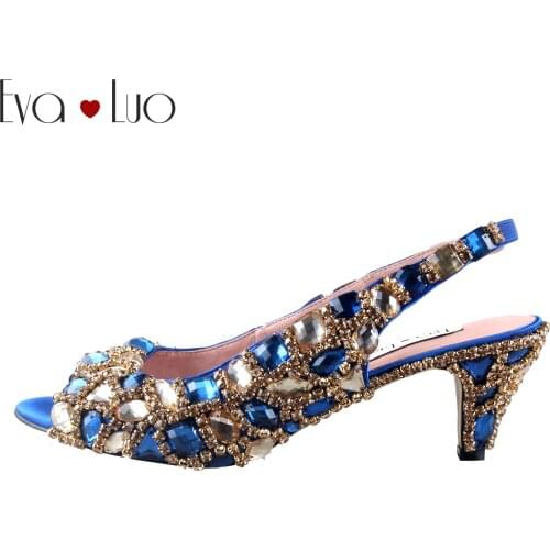 CHS1024 Luxury Custom Handmade Crystal Blue Gold Slingbacks Dress Pumps Bridal Wedding Shoes Women High Heels Shoes