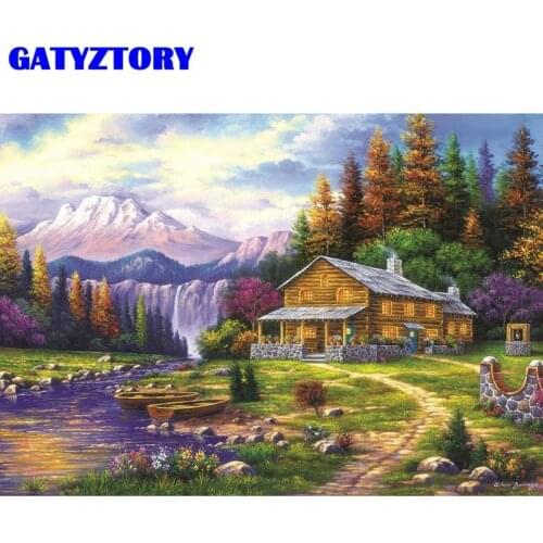 GATYZTORY DIY Frame Painting By Numbers Mountain Cabin Canvas By Numbers Landscape Modern Handpainted Oil Painting For Home