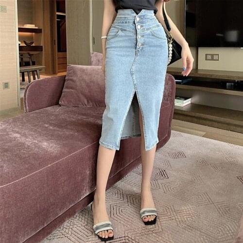 Hong Kong flavor split bag hip skirt thin skirt girl half-length skirt denim skirt one-step skirt long skirt 2021 sexy denim ski