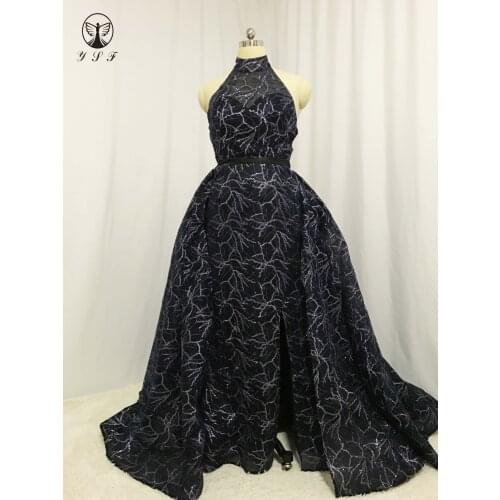 Best Selling High Collar Sleeveless High Slit Straight Bling Bling Sexy Back Dark Navy Evening Dresses with Overskirt