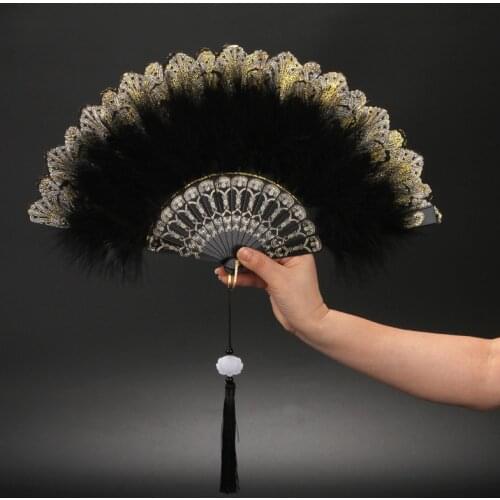 Lolita Feather Folding Fan Japanese Sweet Fairy Dance Hand Fan Art Craft Gift Party Decoration Dance Stage Show Props