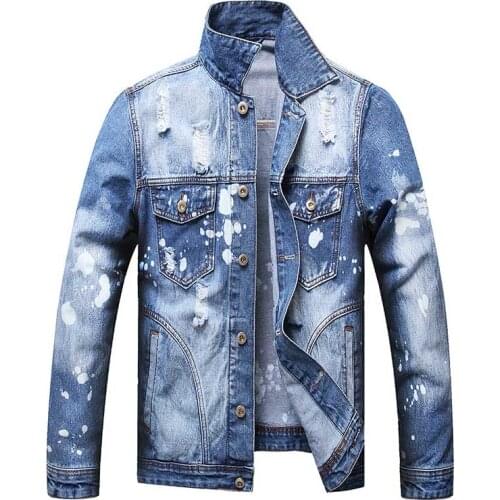 Mcikkny Men Fashion Ripped Denim Jackets Graffiti Streetwear Outwear Jeans Jackets For Male