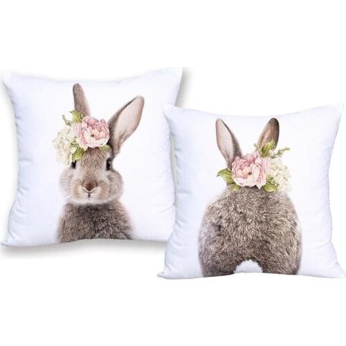 Cute Lovely Bunny Rabbit Cushion Covers Hand Painting Animal Floral Cushion Cover Decorative Polyester Pillow Case