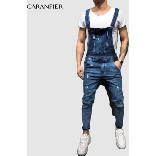 CARANFIER Mens Jeans Siamese Strap Old Denim Workwear Loose Casual Comfort Straight Long Nine Points Siamese Strap Hole Bib New