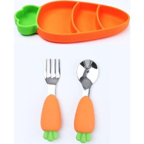 3pcs Silicone Baby Cartoon Tableware Set Children Dishes Kids Baby Feeding Plate Training Bowl Spoon Fork