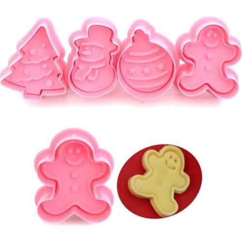 New 4pcs Cookie Stamp Biscuit Mold 3D Snowman Cookie Plunger Cutter DIY Baking Mould Gingerbread House Christmas Cookie