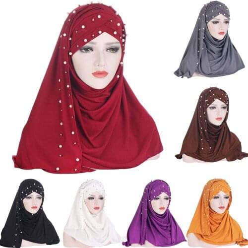 One Piece Amira Muslim Women Hijab Turban Beads Head Scarf Wrap Shawl Islamic Headscarf Pull On Ready To Wear Scarves Headwear