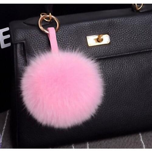 13-15cm Luxury Fluffy Real Fox Fur Ball Pom Pom Plush Size Genuine Fur Key Chain Metal Ring Pendant Bag Charm Fi-K010-pink