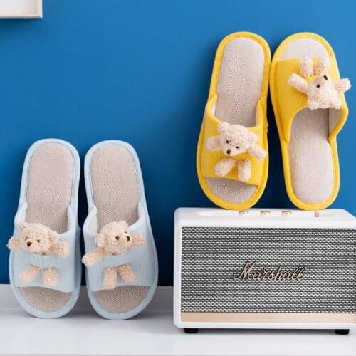 Parent-child Cartoon Cute Summer Bear Home Slippers Casual Gingham Indoor Floor Flat Shoes Stitching Linen Slippers Quality