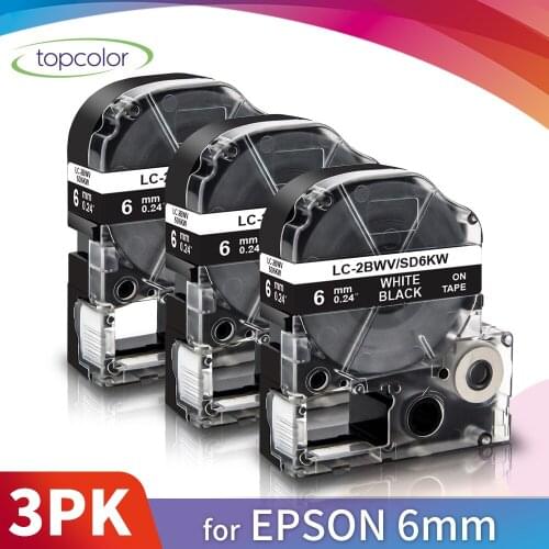 Topcolor 3PK 6mm*8m Epson Compatible Labeling Tape Printer Ribbon for KingJim Epson Label Maker White on Black 1/4 Sticker SD6KW
