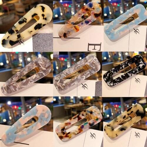 Fashion Girls Japanese Style Side Hair Clip Hollow Geometric Water Drop Shape Duckbill Hairgrips Colored Marble Textured Printed