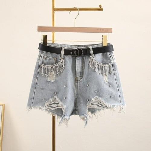 2020 Korean-Style Light Diamond Tassel Beaded Washed Burr Hole High Waist A-line Wide Leg Denim Shorts Women Harajuku Shorts