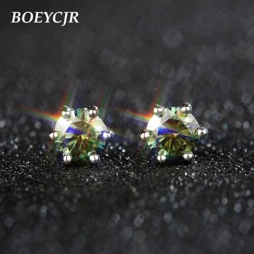 BOEYCJR S925 6 claws 0.5/1ct blue green Moissanite VVS1 Fine Jewelry Diamond Stud Earring With national certificate for Women