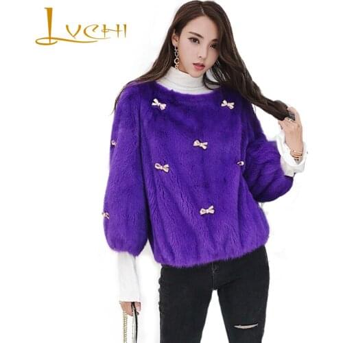 LVCHI Women Winter Real Fur Coat 2019 Nine Quarter Mink Coat Female Bows Natural Fur Causal Cute Slim Women Pullover Mink Coat