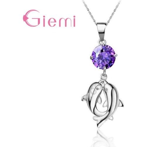 New Cute 925 Sterling Silver Women Necklaces Double Dolphin With Cubic Zircon Animal Pendant Necklace Daily Jewelry