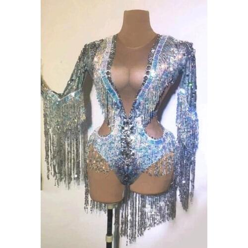 Sparkling Silver Rhinestone Sequin Tassel Party Bodysuit Women Stretch Dance Fringes Jumpsuit Club Bar Singer Leotard Stage Wear