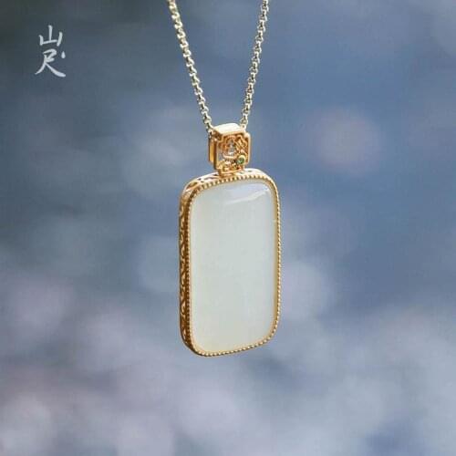 Fangxiaoxiao Natural Hetian Jade White Jade Rectangular Pendant S925 Sterling Silver Chain Classic Elegant Fashion to Give Mom