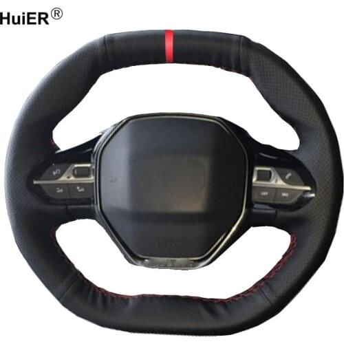 HuiER Hand Sewing Car Steering Wheel Cover Red Marker For Peugeot 4008 2017 2018 3008 2017 2018 Wear-resistant Car Styling