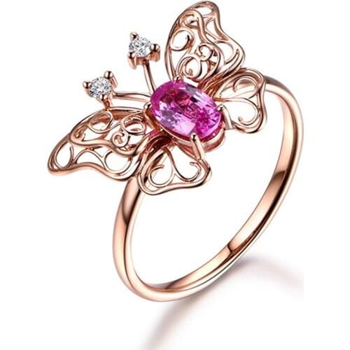 MOONROCY Rose Gold Color Crystal Rings Pink Butterfly Ring Party Hollow Jewelry Wholesale for Women Girls Gift Dropshipping