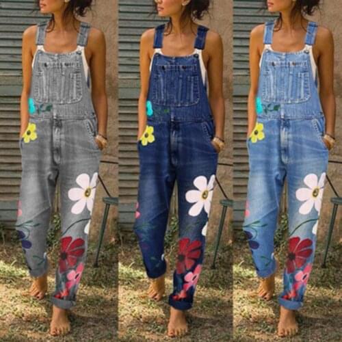 Women Floral Print Denim Bib Overalls Jeans Jumpsuits and Rompers Female Ripped Hole Casual Long Playsuit Pockets Jumpsuit