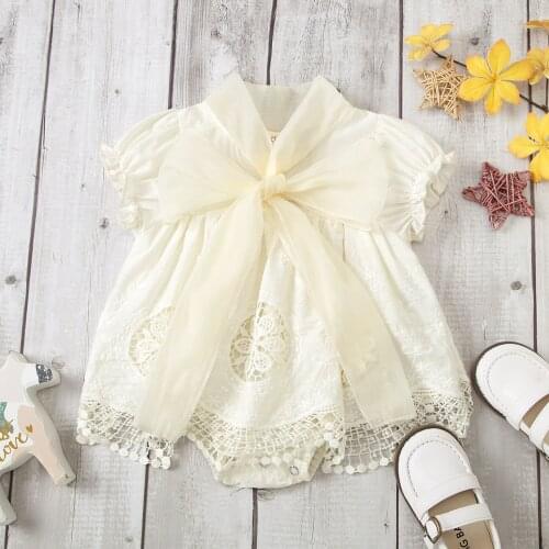 Newborn Lace Romper with Back Bownot Hollow Flower Pattern Princess Summer Clothing Jumpsuit