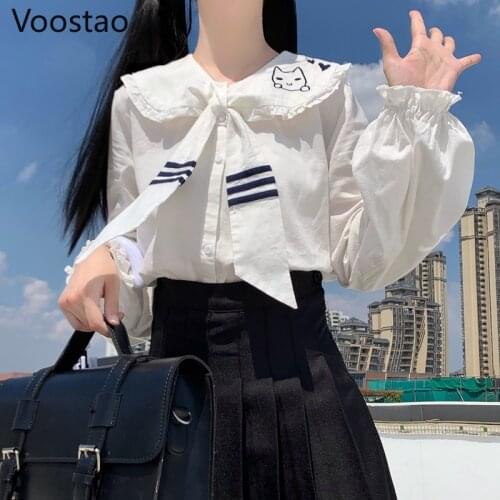 Sweet Lolita Style Blouses Women Kawaii Sailor Collar JK Shirts Japanese Girly Chic Cat Embroidery Cute Long Sleeve Blusas Mujer