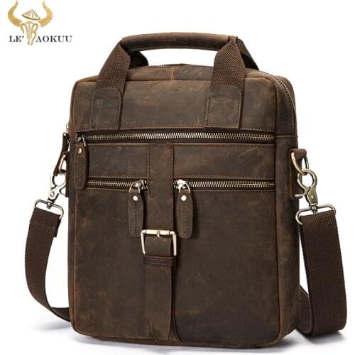 Top Crazy Horse Leather Male Casual Business Messenger bag Fashion Coffee Cross-body Bag 9" Tablet Tote Mochila Satchel bag 1062