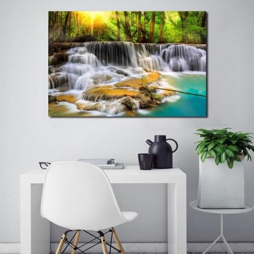 Bright Sun Forest Trees Waterfall Wall Art Canvas Poster And Print Canvas Painting Oil Decorative Picture Living Room Home Decor