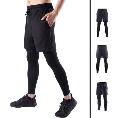 2021 New Mens Fake Two-piece Tight Pants Running Fitness Quick Dry Sweatpants Elastic Trousers Man Running Sport Pants Summer