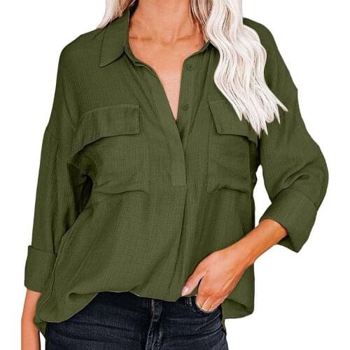 New Stylish Solid Color Women Office Shirt Turn-down Collar Slim Fit Flap Pockets Long Sleeve Tunic Shirt Ladies Clothing
