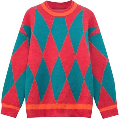 2021 Autumn Women Knitted diamond Sweaters Female Long Sleeve Casual O Neck Warm Loose Pullover Knitwear Winter