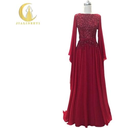 JIALINZEYI Real Pictures Wine Red Crystal Beads A-line Chiffon Elie Saab V Backless evening Dresses Fromal Party dresses