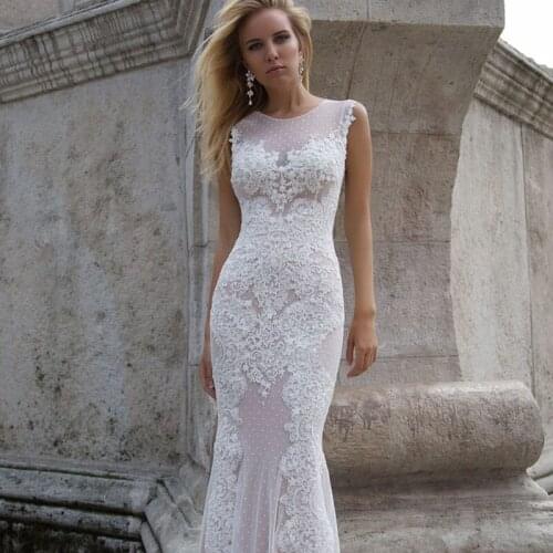 High Quality Scoop Beach Wedding Dresses Mermaid Long Length Appliques Lace Tulle Bohemian Sweep Train Bride Gowns