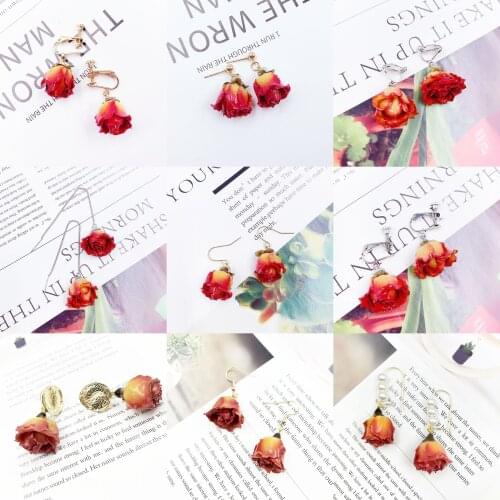 1Pair Gold Natural Dried Flower Earrings With Liquid Resin Covered Pink Rose Petal Women Earring Real Nature Dry Flower Jewelry
