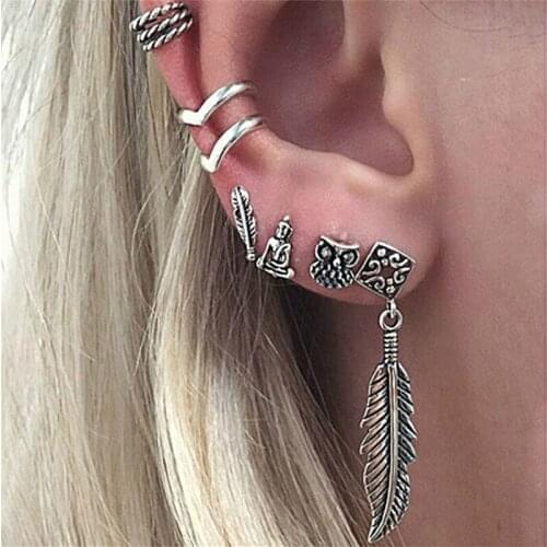 6 Pcs/set Bohemian Retro Owl Feather Buddha Leaf Pendant Geometric Carved Hollow Earrings Set Women Fashion