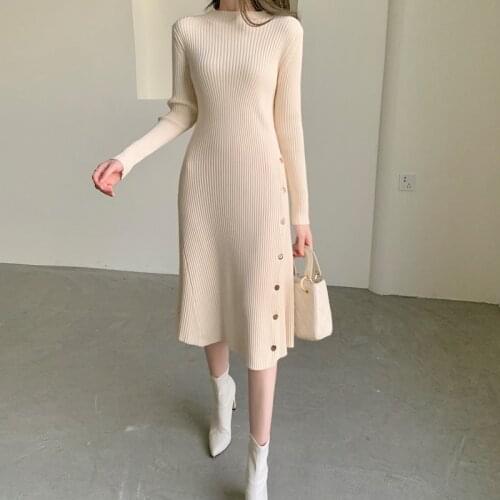 Women O-neck Buttons Sweater Dress Long Sleeve Slim Waist Female Knitted Mid-length Dress Autumn Winter