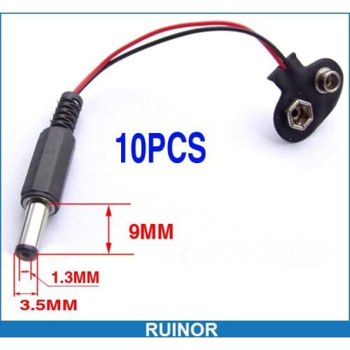 10pc 9V Battery Button to 3.5 1.3mm DC Power Plug Cable DC Connector Inside Positive outside is negative