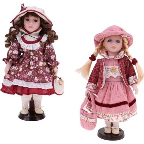 2 Pieces 30cm Lovely Porcelain Girl Doll People Figure with Dress Hat Set Kids Gifts