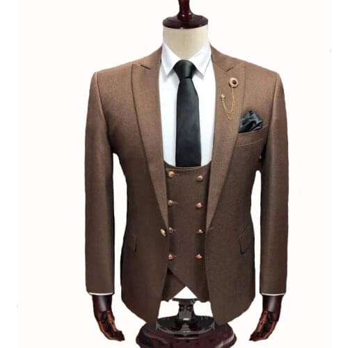 2020 wedding Men Suits Italian Style Cotton gold button groom marriage Suits Three pieces Blazers+pants+vest Slim Fit 58 Event